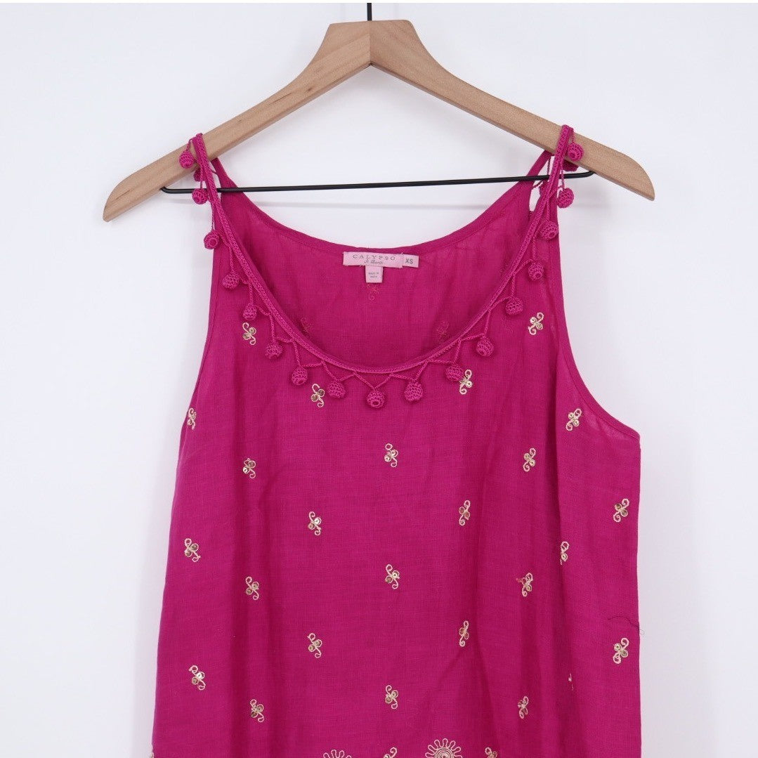 Calypso St Barth Pink Linen Beaded Pom Pom Flounce Dress XS