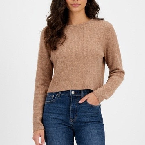 ZARA Ribbed Knit Cropped Sweater Camel Long Sleeve Size S