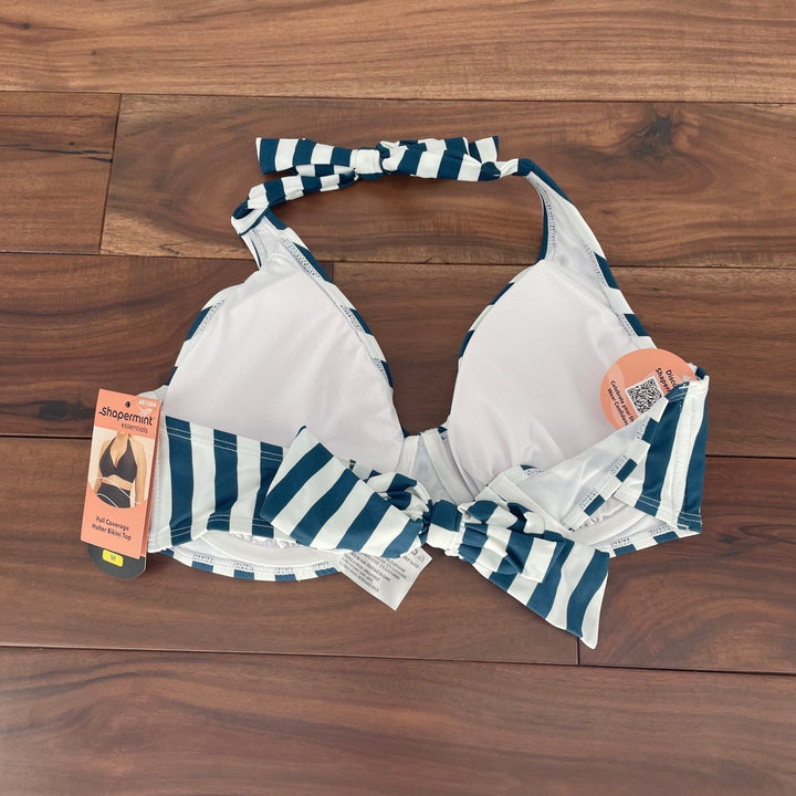 Shapermint Essentials Full Coverage Halter Bikini Top Navy White Stripe Size M