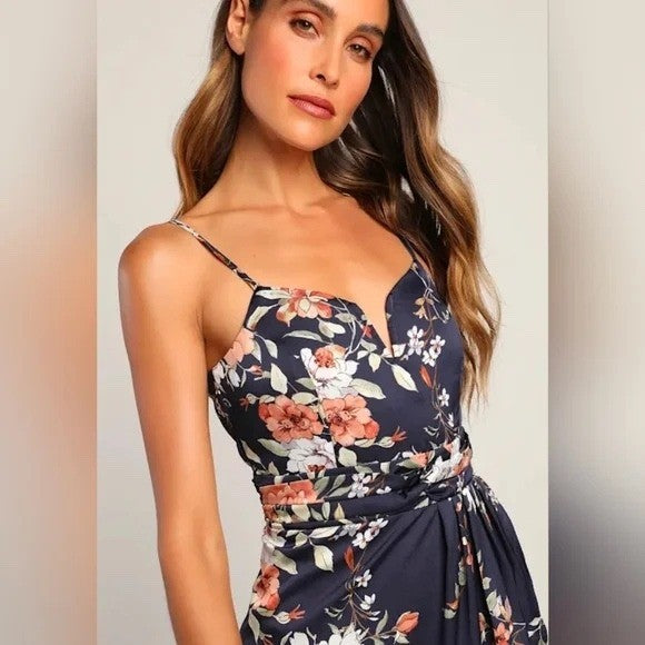 Lulus My Favorite Day Navy Blue Floral Print Tulip Skirt Midi Dress Size M