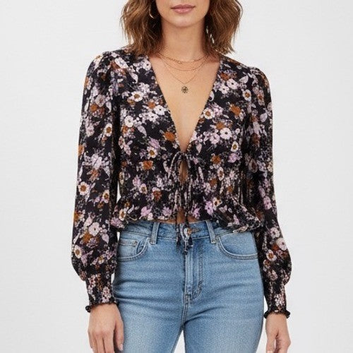 WAYF Sammie Floral Print Tie Front Blouse Long Sleeve Black Paisley Top M