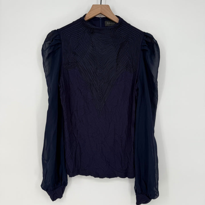 Gracia Navy Blouse Long Sleeve Mock Neck Top Size L