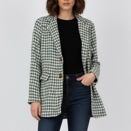 Sa Sa Houndstooth Blazer Jacket Green White Button Front Made in Italy