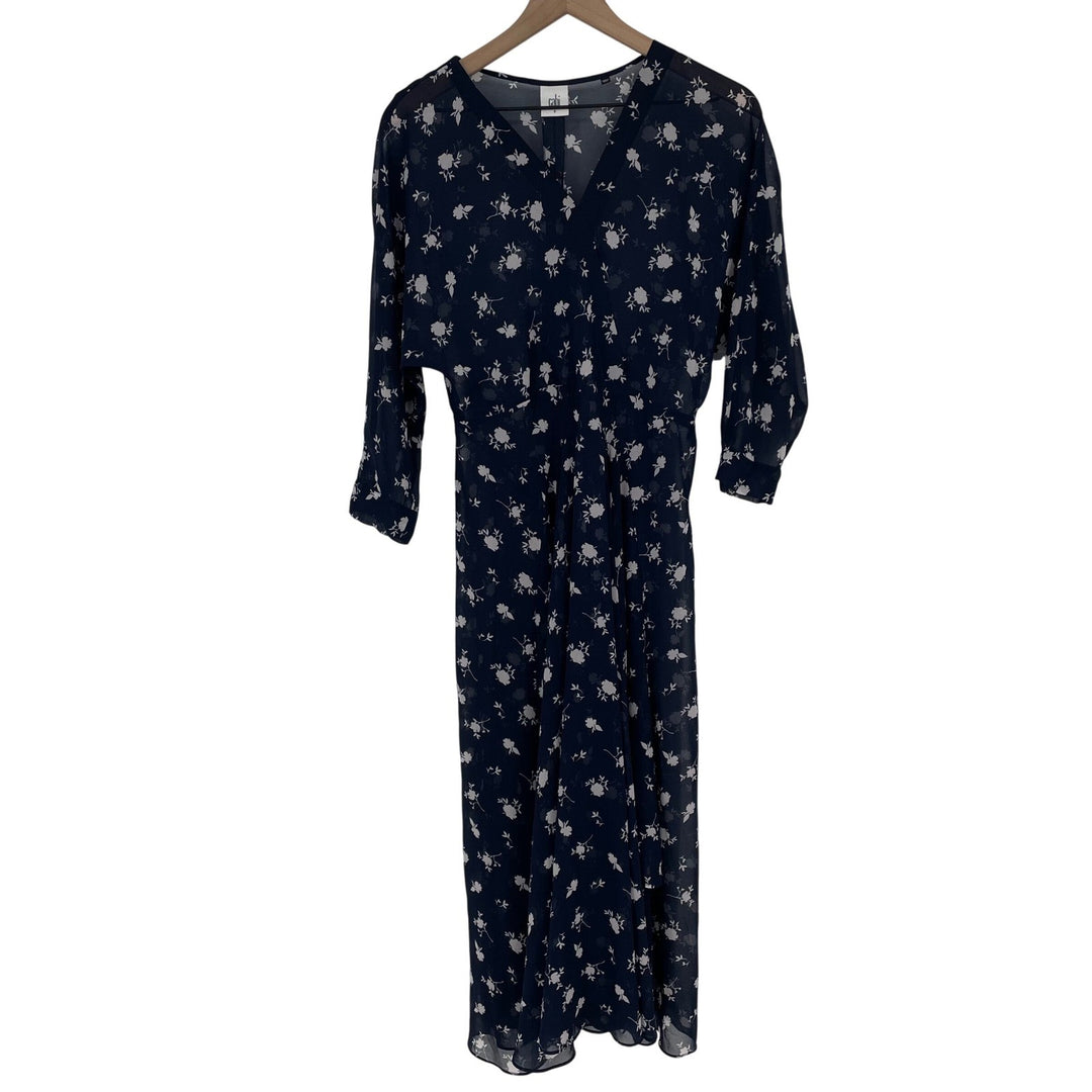 Cabi Navy Floral Print Midi Dress Size 6 V Neck Sheer Sleeve