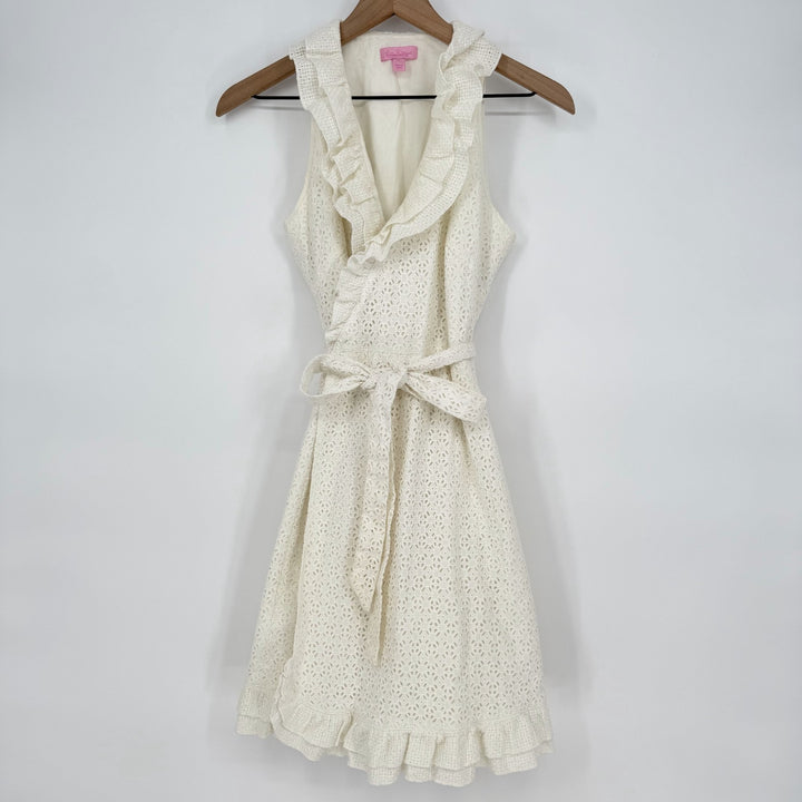 Lilly Pulitzer Wrap Dress Womens 6 Beige Eyelet Lace Overlay Cotton Belted Lined