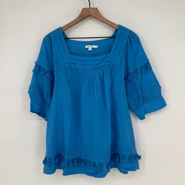 Chicos Blue Square Neck Pintuck Tassel Tunic Top Shirt Size 16