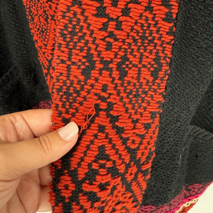 Lucky Brand Aztec Cardigan Sweater Chenille Texture Black Red Knit Boho Medium