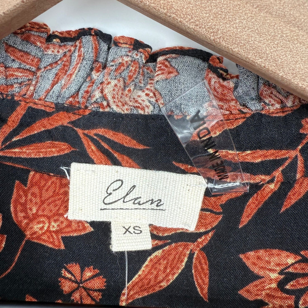 Elan Bloomingdales Blouse XS Black Autumn Floral Print Long Sleeve Ruffle Neck