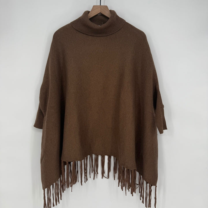 MAGASCHONI Women's Brown Wool Blend Turtleneck Fringe Poncho Sweater S/P