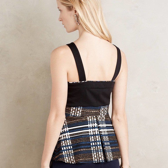 Anthropologie Deletta Nathalie Peplum Top Black Pleated Stripes Plaid Size L