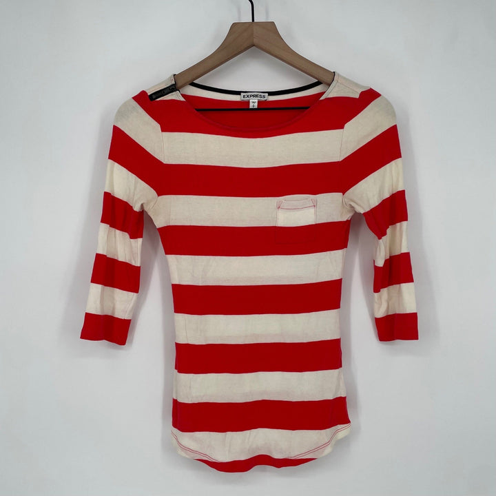 Express Red Cream Striped 3/4 Sleeve Pocket Tee Top Shirt Size SP