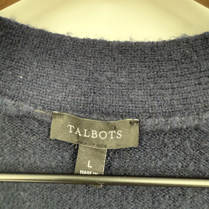 Talbots Color Block Cardigan Sweater Large Blue Gray Black Button Front Knit