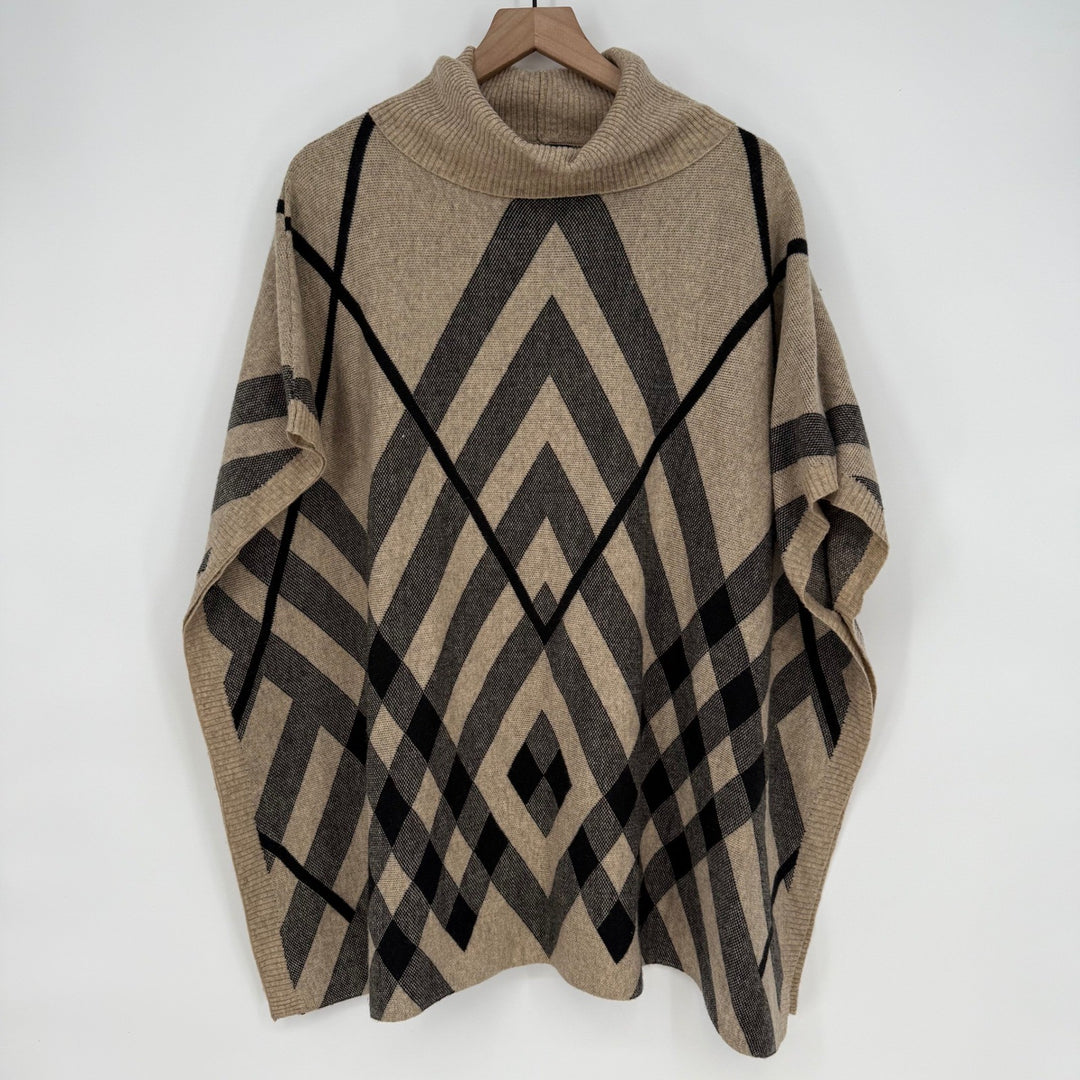Bacciano Tan Plaid Turtleneck Poncho Cape Sweater Size M