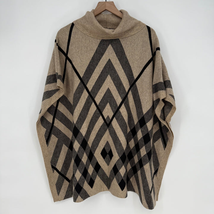 Bacciano Tan Plaid Turtleneck Poncho Cape Sweater Size M