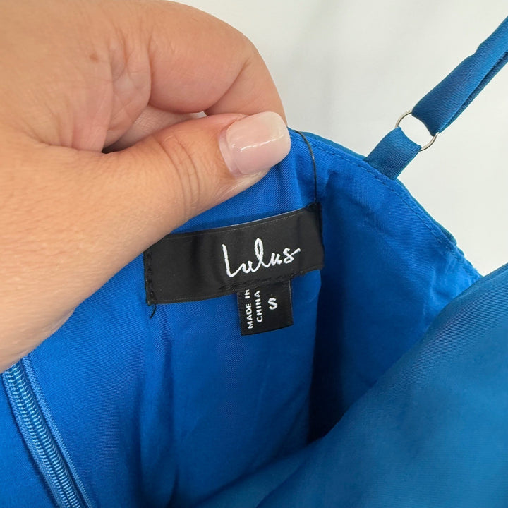 Lulus Fanciful Flirt Royal Blue Satin Cowl Neck Skater Mini Dress Size S