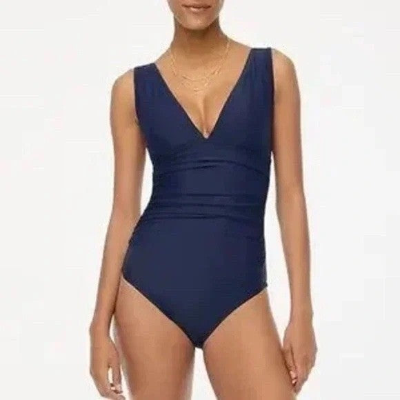 J.Crew Navy Ruched V Neck One Piece Swimsuit Size L