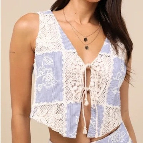 Lulus Elfreda Blue And Cream Crochet Knit Patchwork Tie-Front Size XS