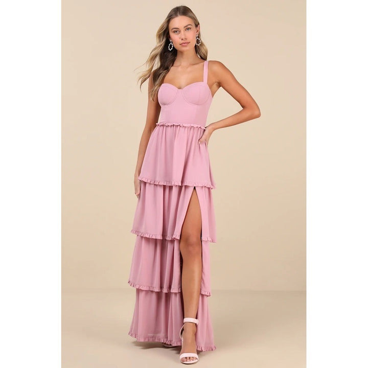 Lulus Sophisticated Occasion Pink Bustier Lace-Up Maxi Dress Size S