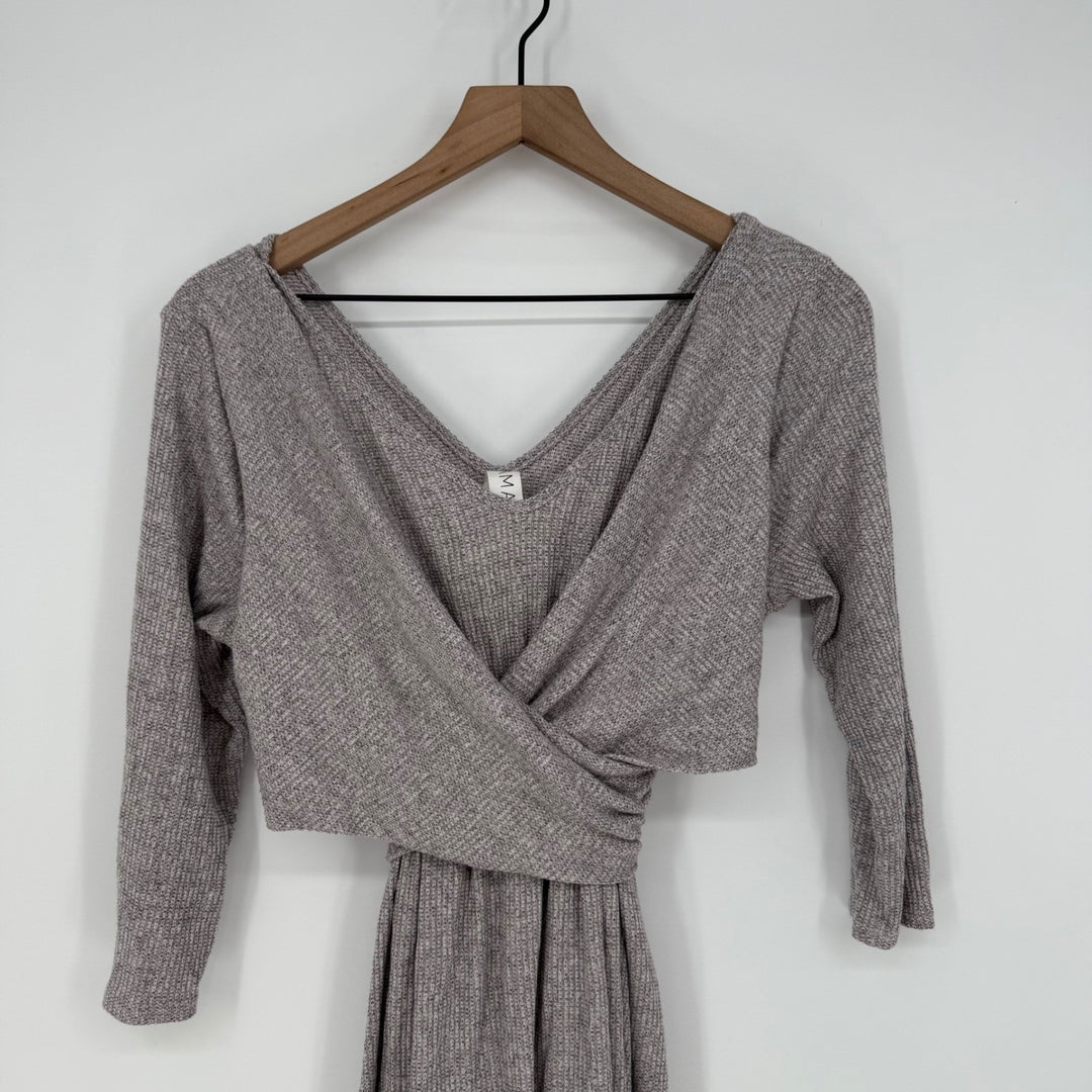 AMADI Wrap Knit Midi Dress Taupe Long Sleeve V Neck Ruched Casual Size S