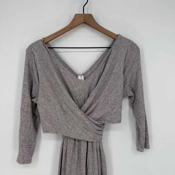 AMADI Wrap Knit Midi Dress Taupe Long Sleeve V Neck Ruched Casual Size S