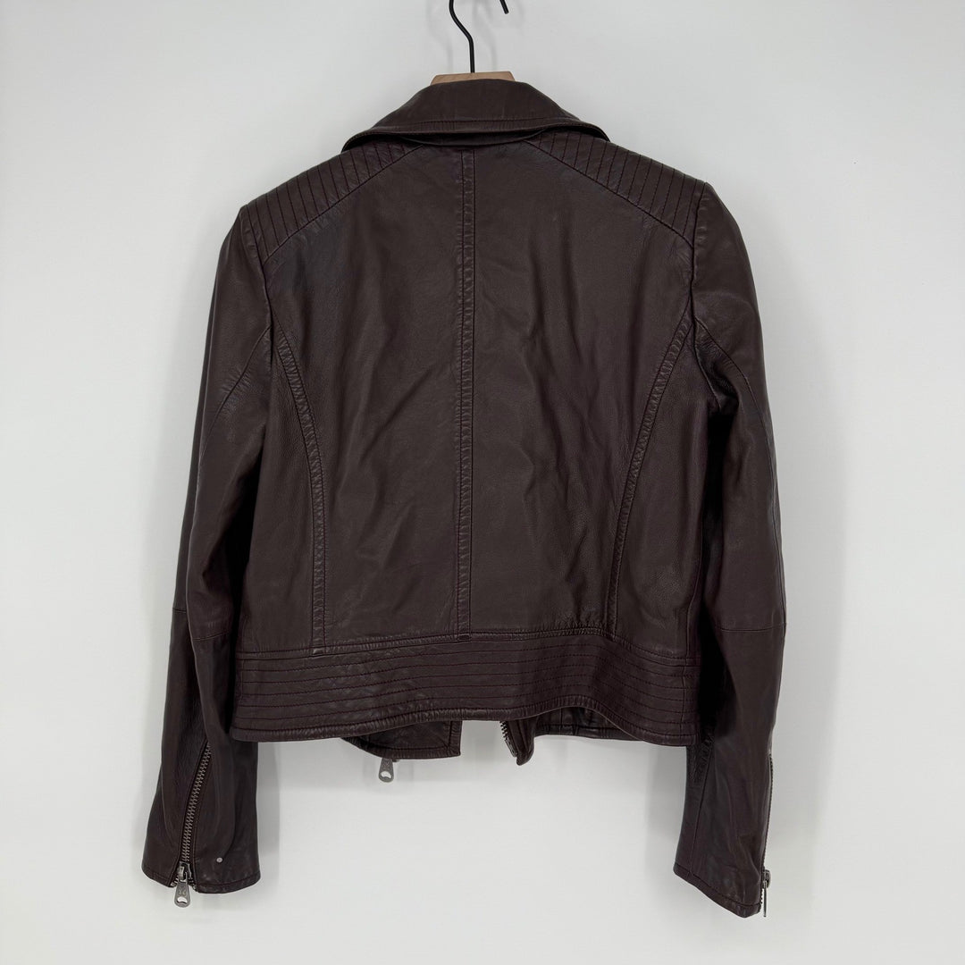 Weekend Max Mara Womens Leather Moto Jacket Burgundy Asymmetrical Zip Moto Style