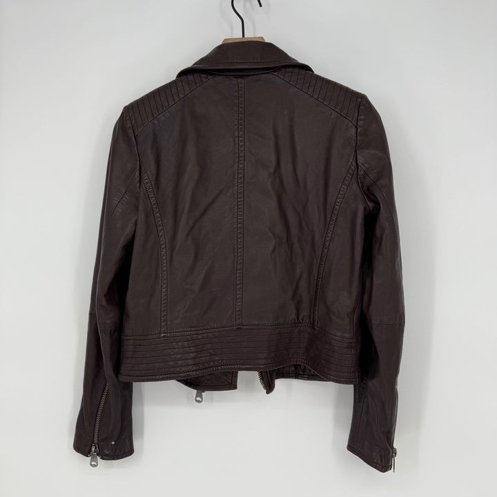 Weekend Max Mara Womens Leather Moto Jacket Burgundy Asymmetrical Zip Moto Style