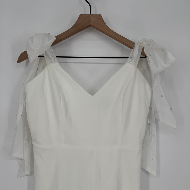 Lulus Certainly Aglow White Organza Pearl Tie-Strap V-Neck Romper Size L