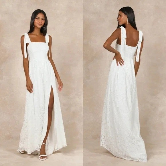 Lulus Radiant Romance White Lace Tie-Strap Maxi Dress Size XS