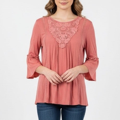 Xhilaration Coral Pink Lace Yoke Bell Sleeve Top Women's XS
