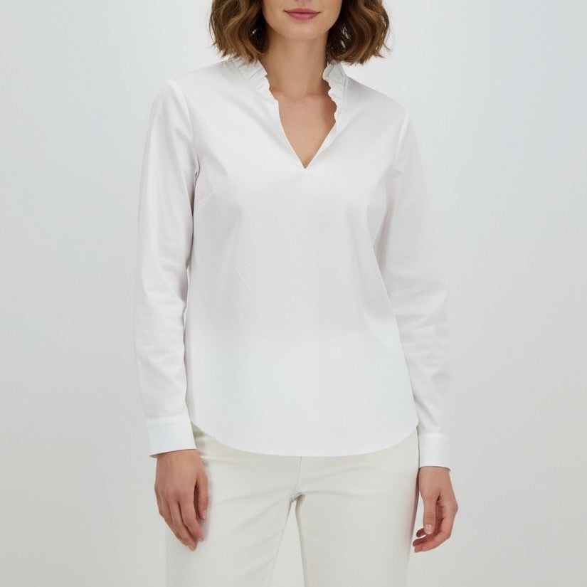 Vineyard Vines White Ruffled Collar V Neck Long Sleeve Cotton Blend Shirt Medium