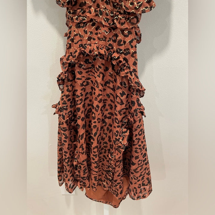 Bardot Leopard Frill Cut Out Mini Dress Size 12/XL