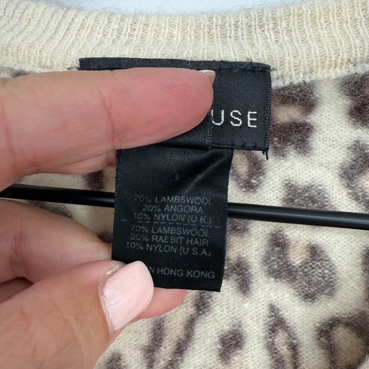 Warehouse Sweater Womens 8 Multicolor Leopard Print Lambswool Tight Knit V Neck