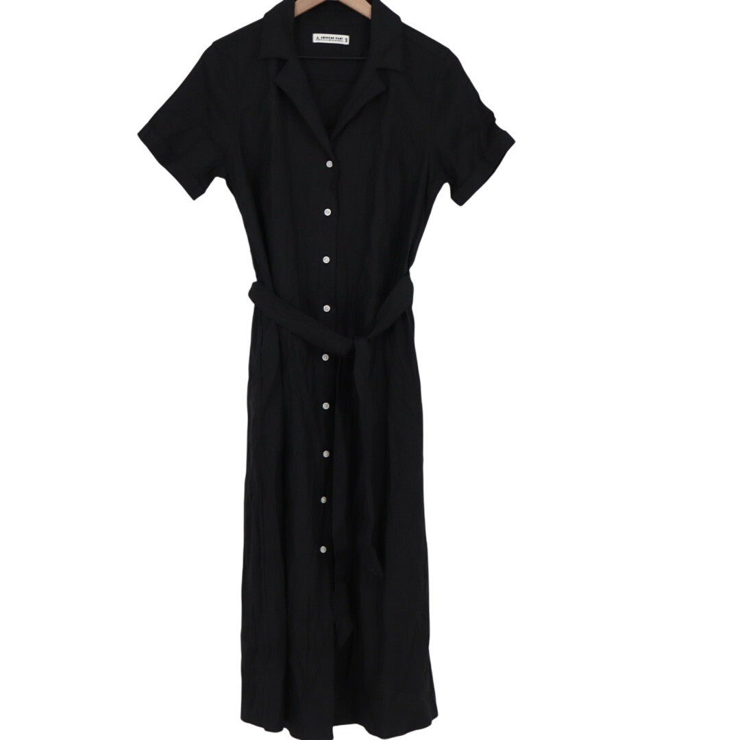 American Giant Black Linen Blend Button Front Belted Midi Shirt Dress Size S