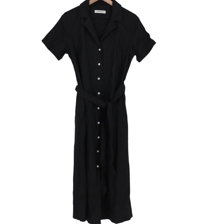 American Giant Black Linen Blend Button Front Belted Midi Shirt Dress Size S