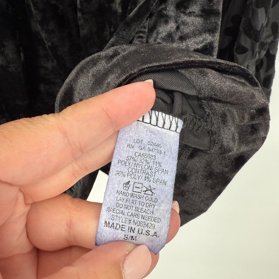 Nally & Millie Blouse Top Women S/M Black Burnout Velvet Nylon Lined Bell Sleeve