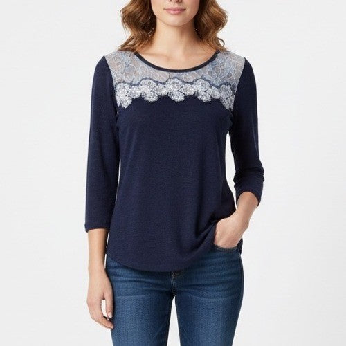 Soho Jeans Navy Blue Lace Trim 3/4 Sleeve Top XS