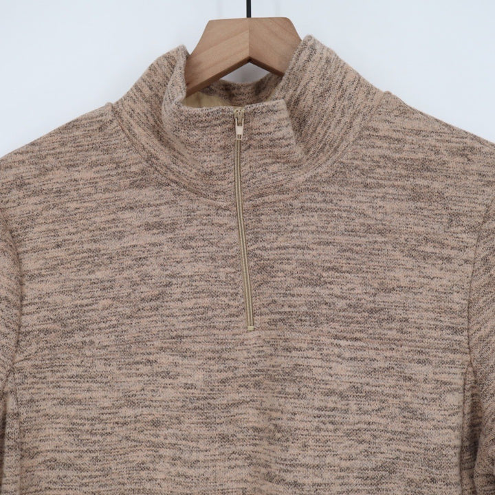 Womens Size L Pullover Fleece Sweatshirt Mock Neck Quarter Zip Pockets Tan Marl