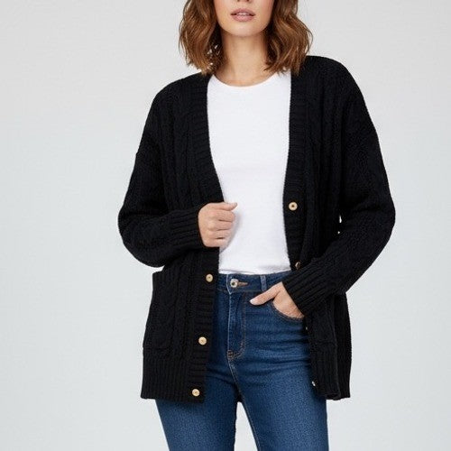 Zara Black Cable Knit Button Front Cardigan Sweater Size Medium