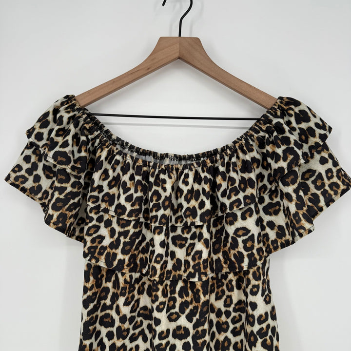 Womens Hibluco Leopard Print Off Shoulder Ruffle Top Shirt Size L