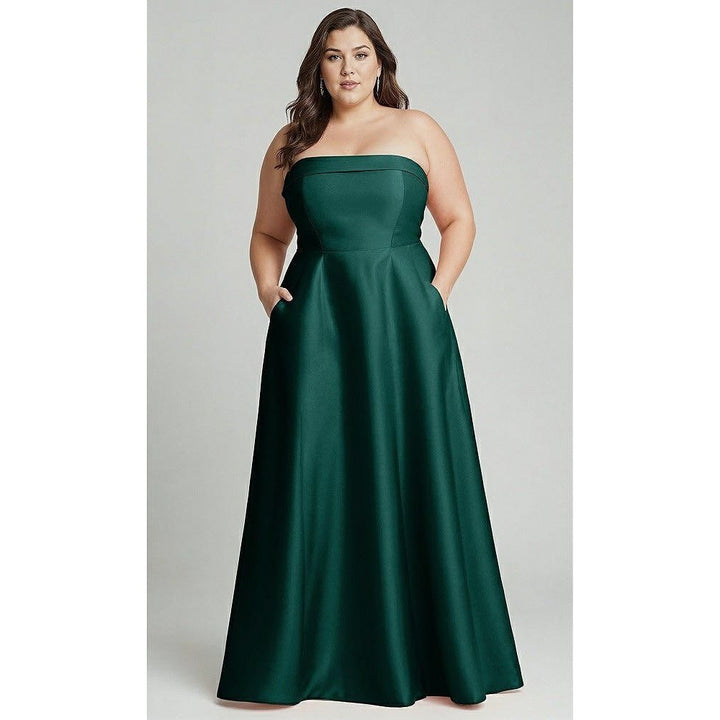 Alfred Sung Strapless Bias Cuff Bodice Satin Gown With Pockets In Evergreen