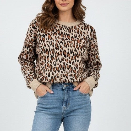 H&M Leopard Print Sweater Crew Neck Long Sleeve Zipper Back Size L