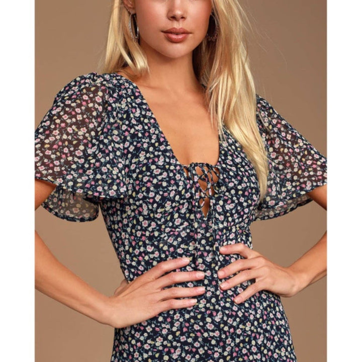 Lulus Renee Navy Blue Floral Print Ruffled Lace-Up Midi Dress Size XS