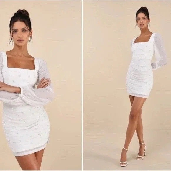 Lulus Admirably Divine White Mesh Pearl Long Sleeve Mini Dress Size S