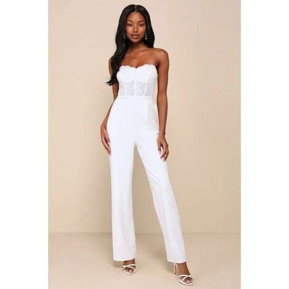 Lulus Positively White Lace Strapless Bustier Jumpsuit Size M