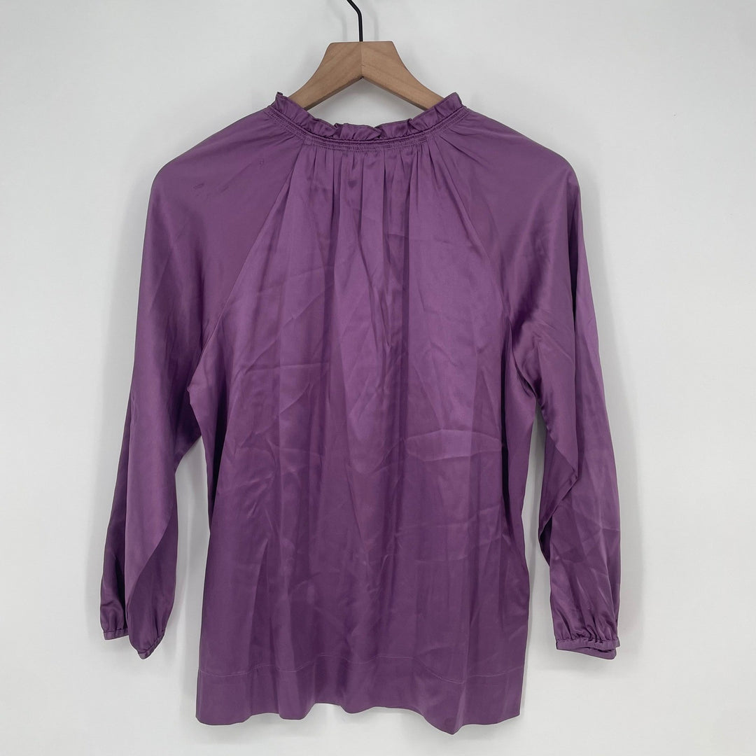 BCBGMAXAZRIA Purple Silk Blend Ruffle Neck Button Front Blouse Top Size S