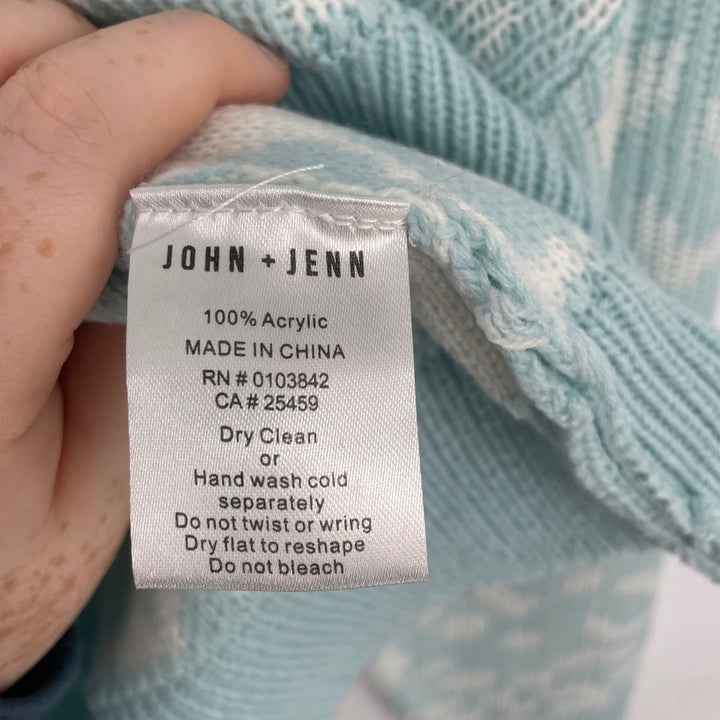 JOHN + JENN Leopard Print Crew Neck Sweater Light Blue White Long Sleeve Size L