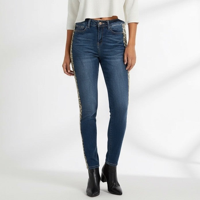 Judy Blue Jeans Womens 7/28 Blue Denim Logo Skinny Leg Leopard Print Side Stripe