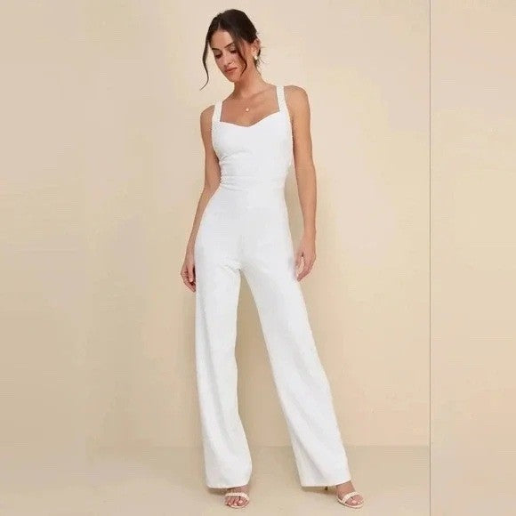 Lulus Love Aglow White Pearl Beaded Sleeveless Straight Leg Jumpsuit Size XL