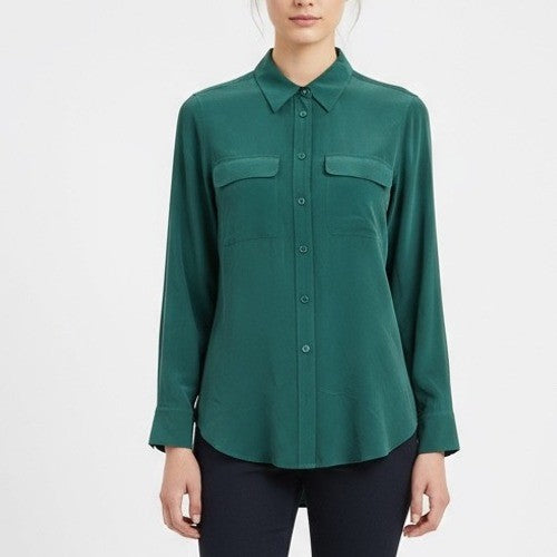 EQUIPMENT Femme Silk Button Down Shirt Green Long Sleeve Two Pocket Size XS