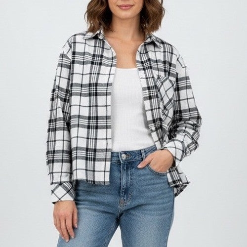 BP Plaid Button Down Shirt Black White Long Sleeve Cropped Casual Size M